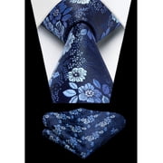 Mens 63" Extra Long Tie Blue Floral Classic Necktie and Pocket Square Set Business Ties Gift Box