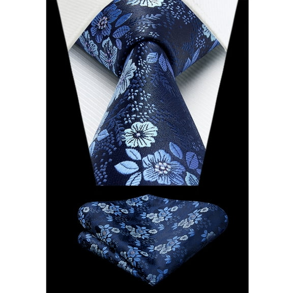 Mens 63" Extra Long Tie Blue Floral Classic Necktie and Pocket Square Set Business Ties Gift Box