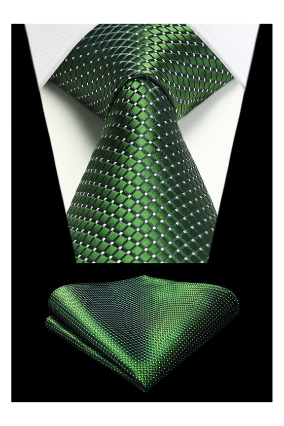 Mens 63" Extra Long Tie Green Plaid Classic Necktie and Pocket Square Set Business Ties Gift Box