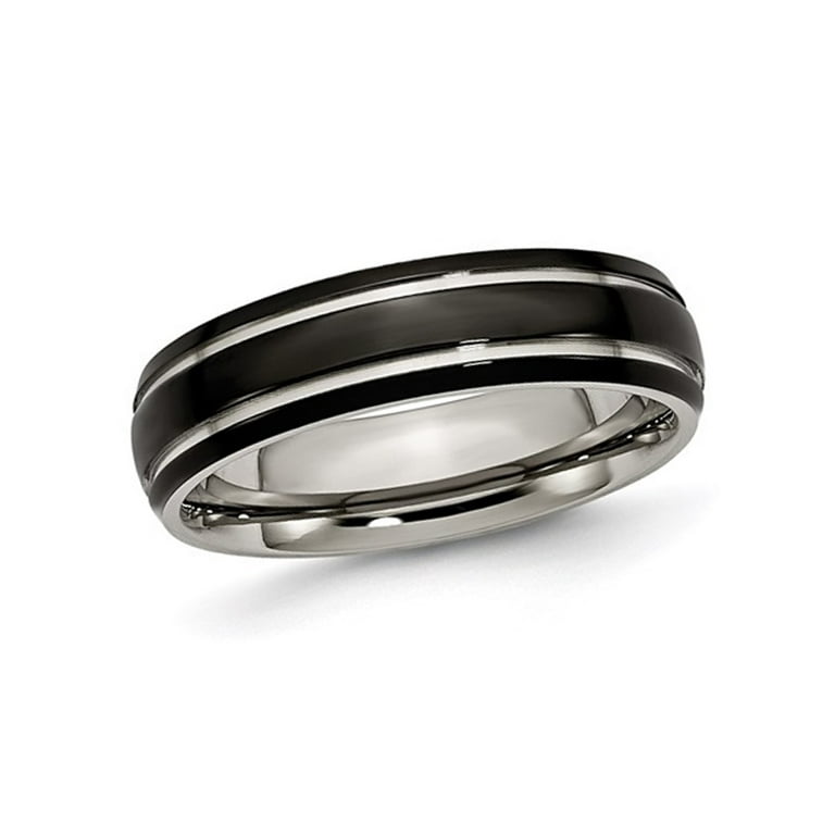 Mens 6mm Grooved Black Plated Titanium Wedding Band Ring