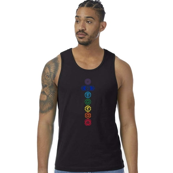 Mens 7 Colored Chakras 100% Cotton Yoga Tank Top Shirt, Medium Black
