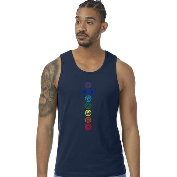 Mens 7 Colored Chakras 100% Cotton Yoga Tank Top Shirt, Medium Midnight Navy