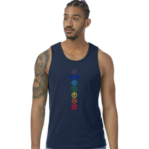 Mens 7 Colored Chakras 100% Cotton Yoga Tank Top Shirt, XL Midnight Navy
