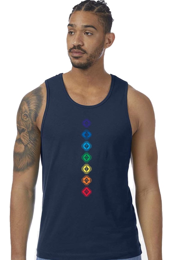 Mens 7 Diamond Chakras 100% Cotton Yoga Tank Top Shirt, Large Midnight Navy