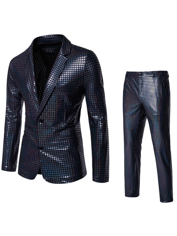 Mens 70s Disco Outfits Set Metallic Shiny Suits Disco Sequin Blazer and Pants 2 Piece Sets for Party Prom Halloween Costume