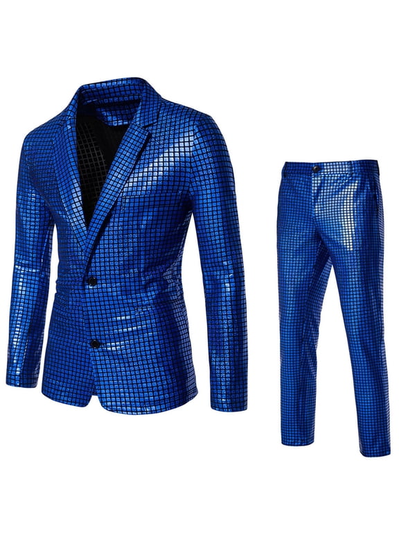 Mens 70s Disco Outfits Set Metallic Shiny Suits Disco Sequin Blazer and Pants 2 Piece Sets for Party Prom Halloween Costume