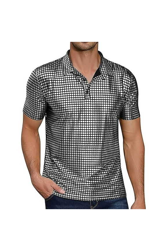 Mens 70s Disco Polo Shirts Short Sleeve Metallic Shiny Sequins Party Nightclub Collared T-Shirt