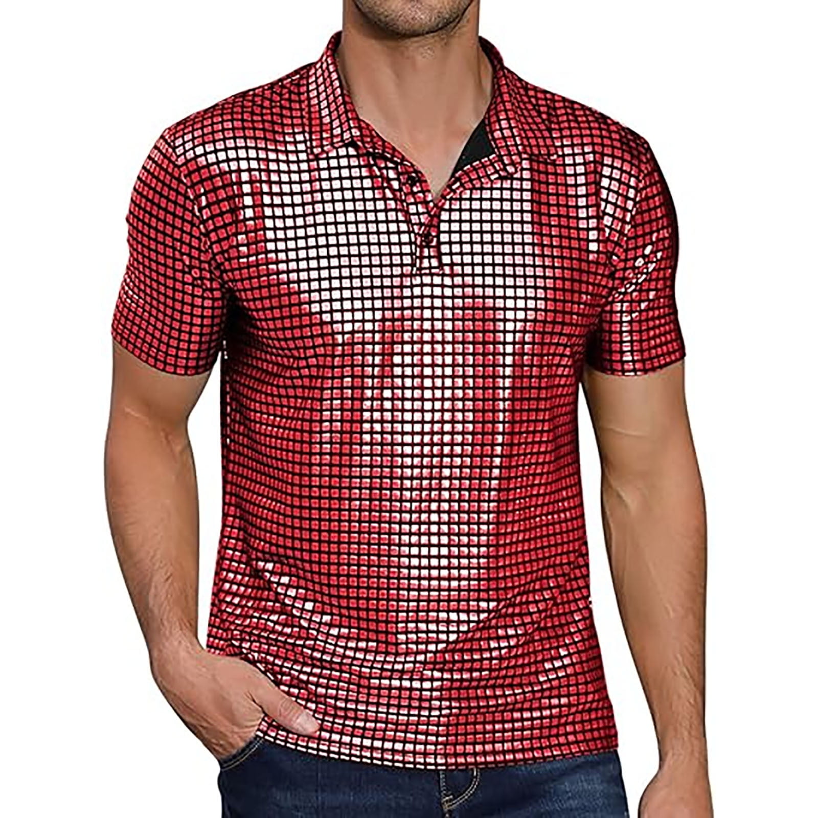 Mens 70s Disco Shirt Silver Sequins Party Costume Short Sleeve Button Down Shirts Red S