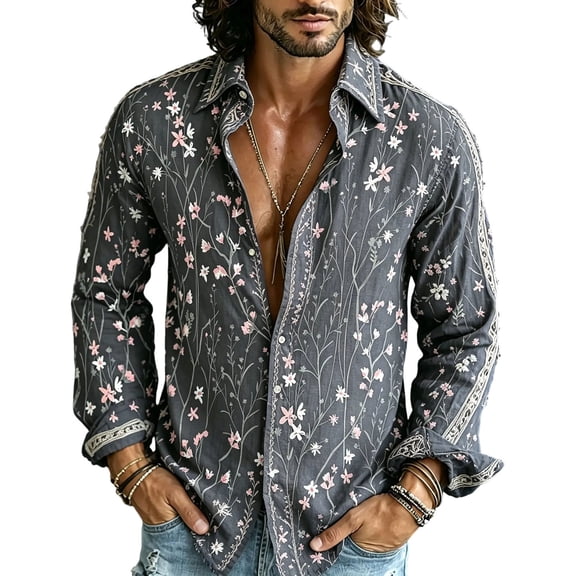 Mens 70s Disco Shirts Casual Floral Vintage Long Sleeve Button Down Shirt Western Boho Blouses