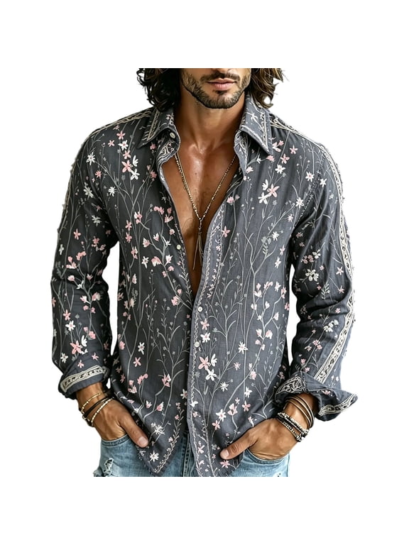 Mens 70s Disco Shirts Casual Floral Vintage Long Sleeve Button Down Shirt Western Boho Blouses