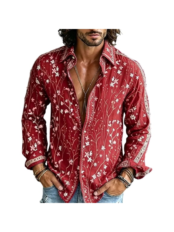 Mens 70s Disco Shirts Casual Floral Vintage Long Sleeve Button Down Shirt Western Boho Blouses
