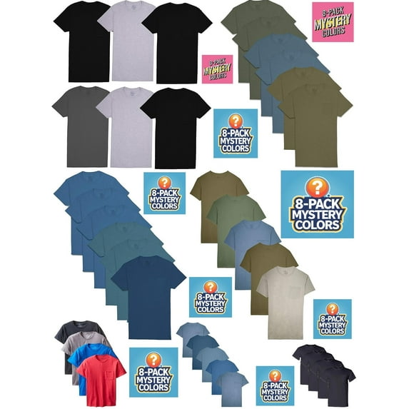 Mens 8-Pack Assorted Pocket Crew T Shirts by Fruit of the Loom Comfortable Mystery Pack Colors Materials Vary Tagless