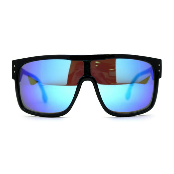 Mens 80s Futuristic Robotic Shield Sport Horn Rim Sunglasses Black Blue Mirror