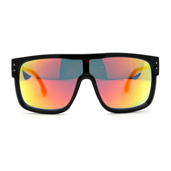 Mens 80s Futuristic Robotic Shield Sport Horn Rim Sunglasses Black Orange Mirror