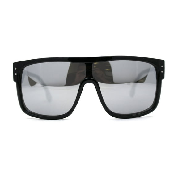 Mens 80s Futuristic Robotic Shield Sport Horn Rim Sunglasses Black Silver Mirror