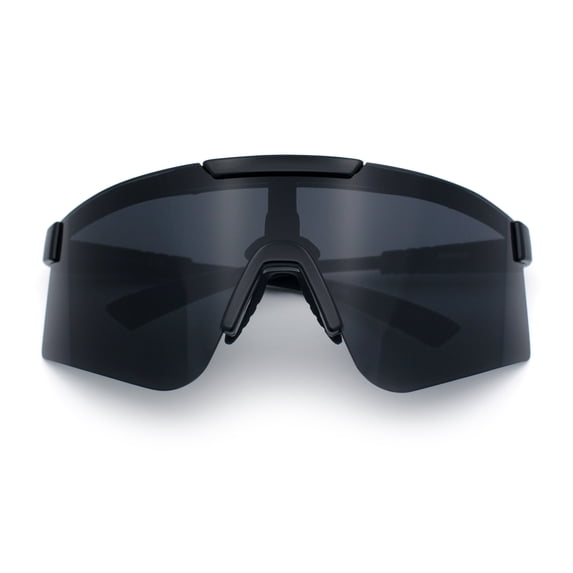 Mens 80s Vibe Color Mirror Rimless Oversized Shield Sport Sunglasses [All Black]