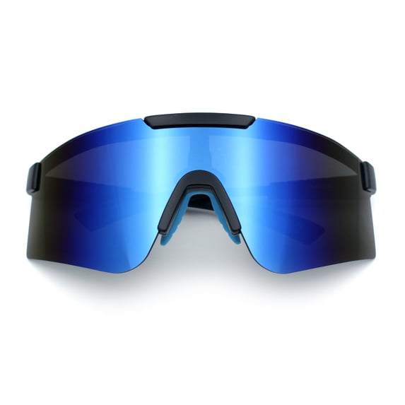 Mens 80s Vibe Color Mirror Rimless Oversized Shield Sport Sunglasses [Black Blue - Blue Mirror]