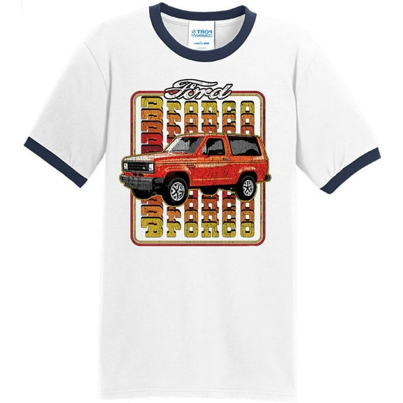 Mens '83 Ford Bronco Truck 100% Cotton Ringer Tee Shirt, Large White/Navy