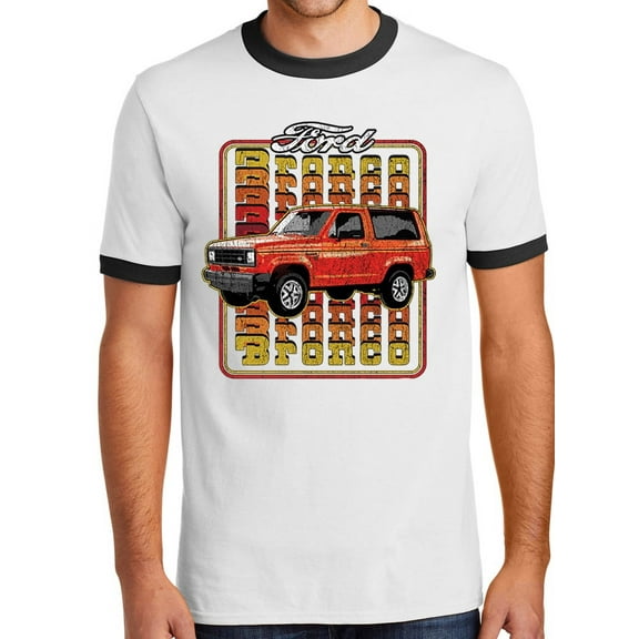 Mens '83 Ford Bronco Truck 100% Cotton Ringer Tee Shirt, Small White/Black
