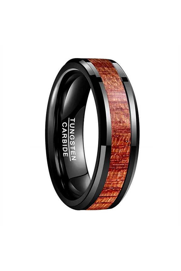 Mens 8mm/10mm Koa Wood Black Tungsten Carbide Wedding Ring Band Polished Beveled Edges