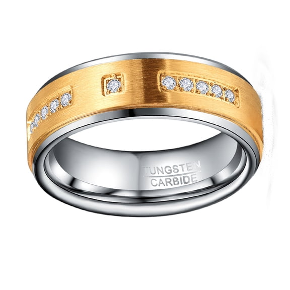Mens 8mm Electric Gold Finish Tungsten Carbide Ring Inlaid Zircon