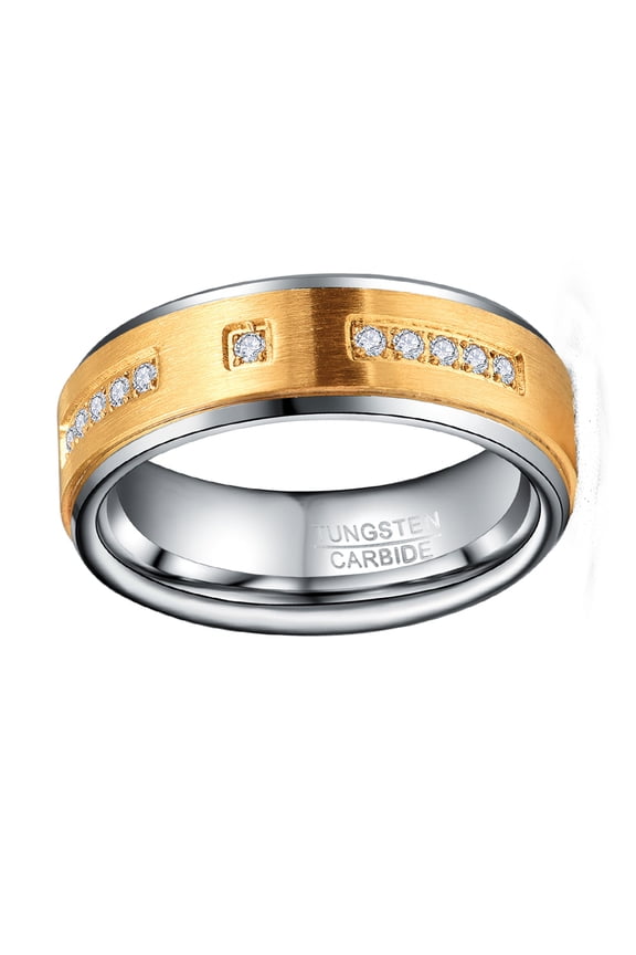 Mens 8mm Electric Gold Finish Tungsten Carbide Ring Inlaid Zircon