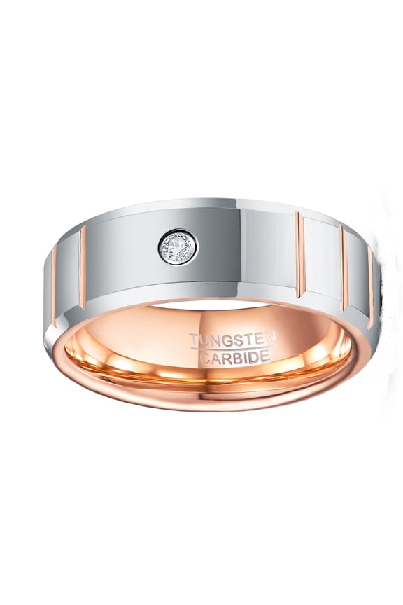 Mens 8mm Polished Finish Groove Inlaid Zircon Plated Rose Gold Inner