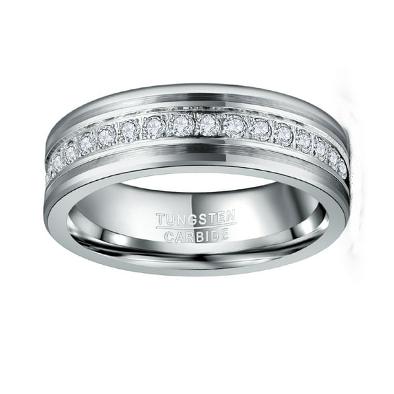 Mens 8mm Silver Finish Tungsten Carbide Ring Inlaid Zircon