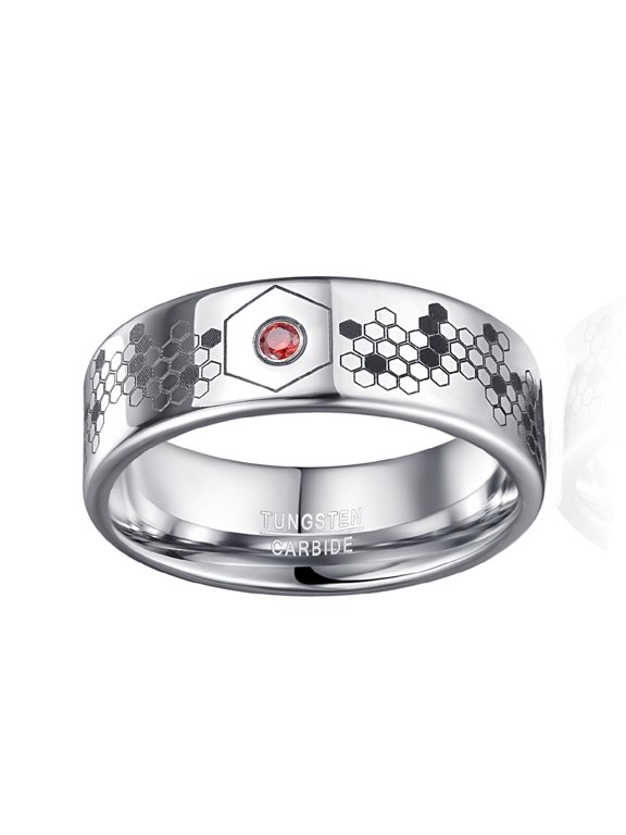 Mens 8mm Silver Finish Tungsten Carbide Ring Laser Inlaid Red Zircon