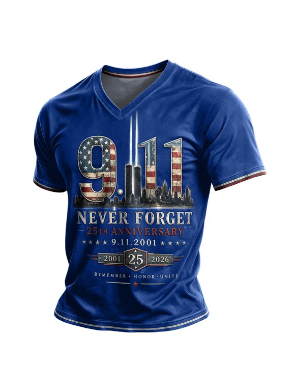 Mens 9/11 25Th Anniversary Shirt 911 Never Forget Short Sleeves Patriot T Shirts American Flag Honor Faith V Neck Tee For Men