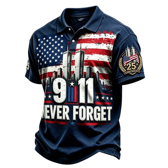 Mens 9/11 Never Forget Polo Shirts Patriot Day V Neck Button Down Memorial Tops for Men Courage Patriotic Hope 9-11 Memorial Golf Polo Shirts