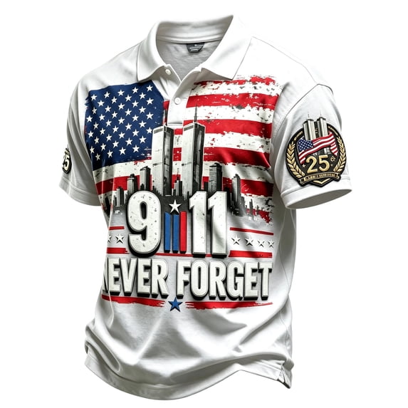 Mens 9/11 Never Forget Polo Shirts Patriot Day V Neck Button Down Memorial Tops for Men Courage Patriotic Hope 9-11 Memorial Golf Polo Shirts