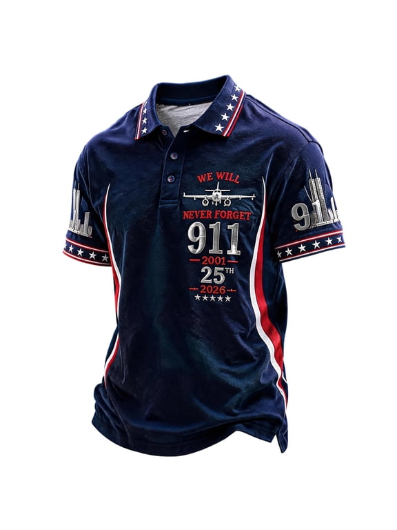 Mens 9 11 Short Sleeve Shirt Never Forget Never Forget Printed Collar Button Down Polo Shirts 911 Never Forget Short Sleeves Tee