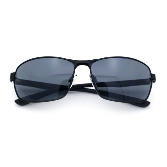 Mens 90s Rectangular Metal Rim Sport Wrap Arm Sunglasses All Black