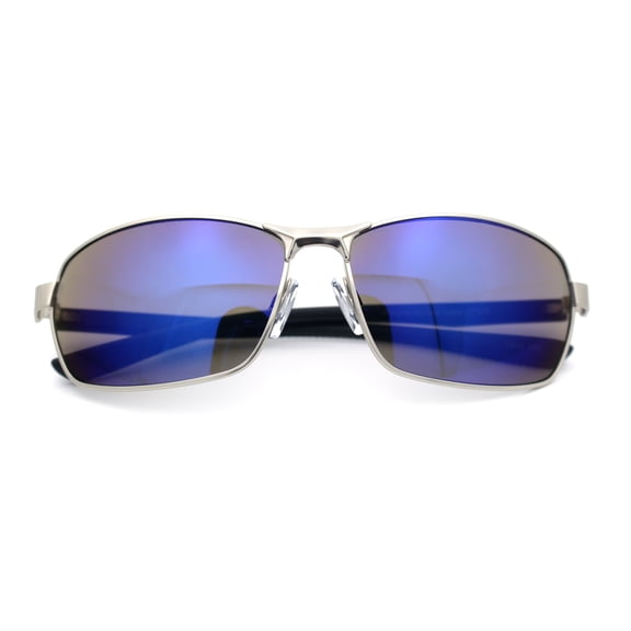 Mens 90s Rectangular Metal Rim Sport Wrap Arm Sunglasses Silver - Blue Mirror