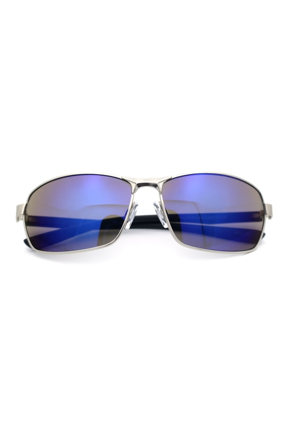 Mens 90s Rectangular Metal Rim Sport Wrap Arm Sunglasses Silver - Blue Mirror
