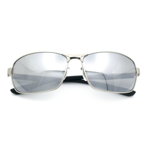Mens 90s Rectangular Metal Rim Sport Wrap Arm Sunglasses Silver - Silver Mirror