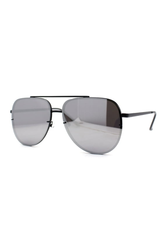 Mens 90s Rimless Officer Style Mirrored Lens Air Force Sunglasses Black Silver Mirror