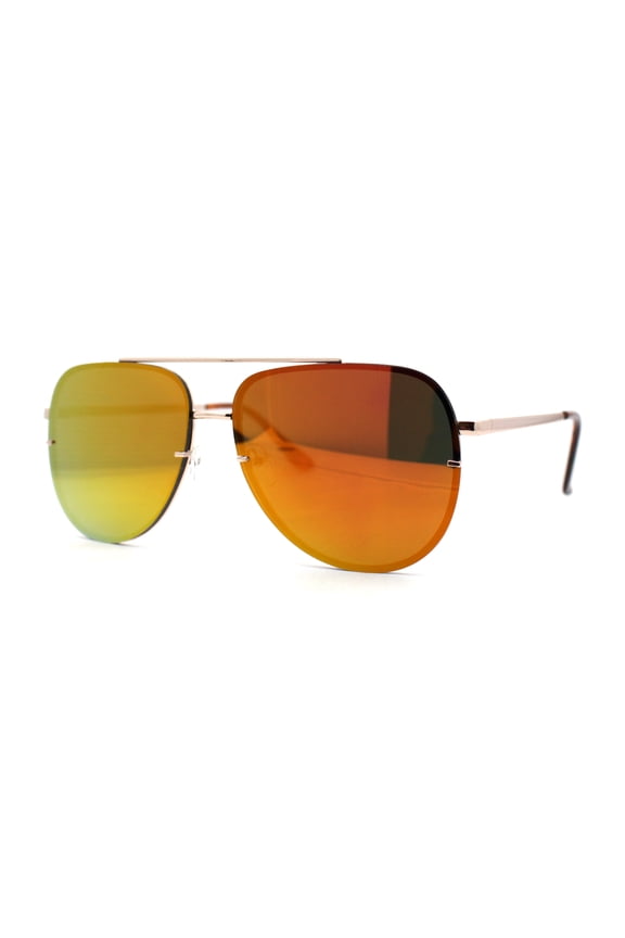 Mens 90s Rimless Officer Style Mirrored Lens Air Force Sunglasses Gold Orange Mirror