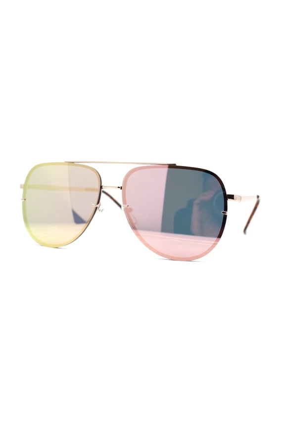 Mens 90s Rimless Officer Style Mirrored Lens Air Force Sunglasses Gold Pink Mirror