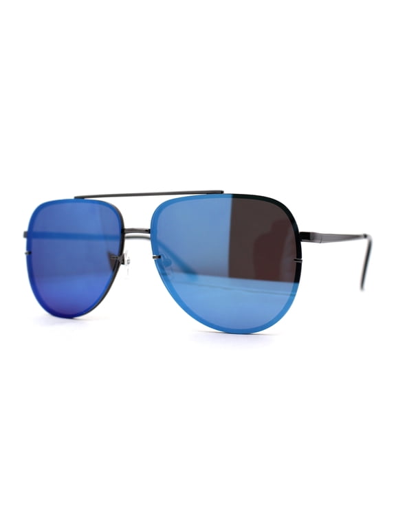 Mens 90s Rimless Officer Style Mirrored Lens Air Force Sunglasses Gunmetal Blue Mirror