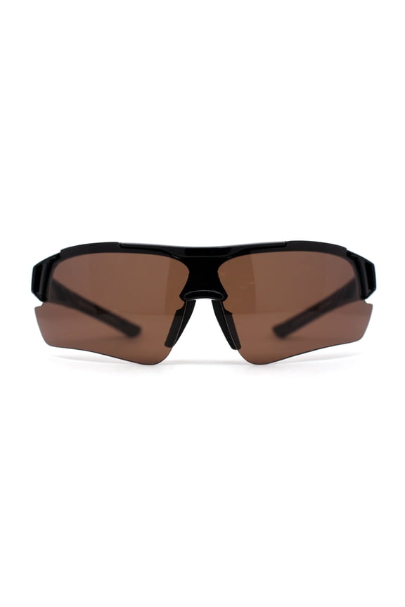 Mens 90s Wrap Baseball Half Rim Sport Driving HD Lens Sunglasses Shiny Black Brown
