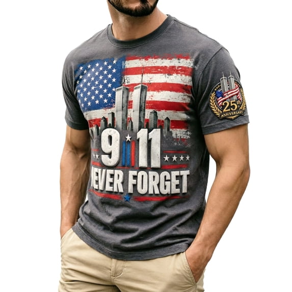 Mens 911 Never Forget 25th Anniversary Graphic T‑Shirt American Flag Print Short Sleeve Casual Tee Patriotic Memorial Daily Wear Top for Men(Dark Gray,XXXL)