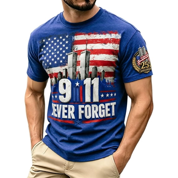 Mens 911 Never Forget 25th Anniversary Graphic T‑Shirt American Flag Print Short Sleeve Casual Tee Patriotic Memorial Daily Wear Top for Men(Blue,L)