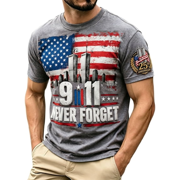 Mens 911 Never Forget 25th Anniversary Graphic T‑Shirt American Flag Print Short Sleeve Casual Tee Patriotic Memorial Daily Wear Top for Men(Grey,XL)