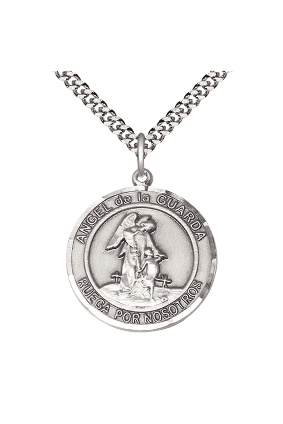 Mens .925 Sterling Silver Angel de la Guarda Medal Pendant on 24" Rhodium Plated Heavy Curb Brass Chain with Lobster Claw clasp, Catholic Religious Necklace -Made in USA- Velvet Gift Box