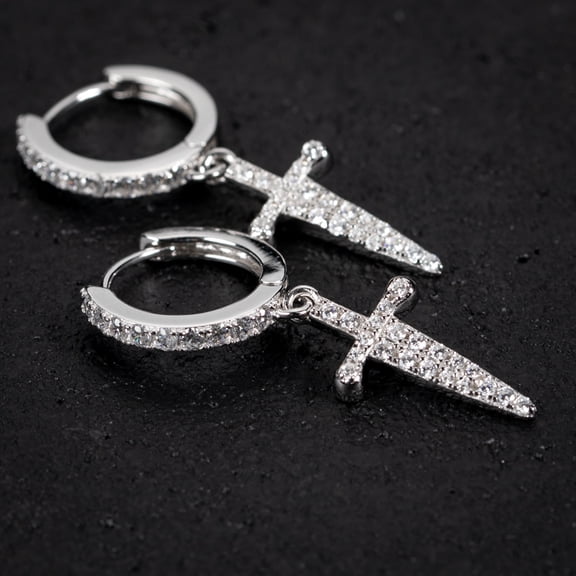 Mens 925 Sterling Silver Cz Iced Hanging Dagger Sword Dangle Cross Hoop Earrings