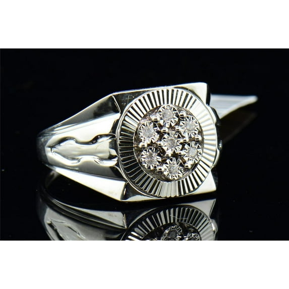 Mens .925 Sterling Silver Diamond Pinky Ring Fluted Bezel Set 0.10 Ct.