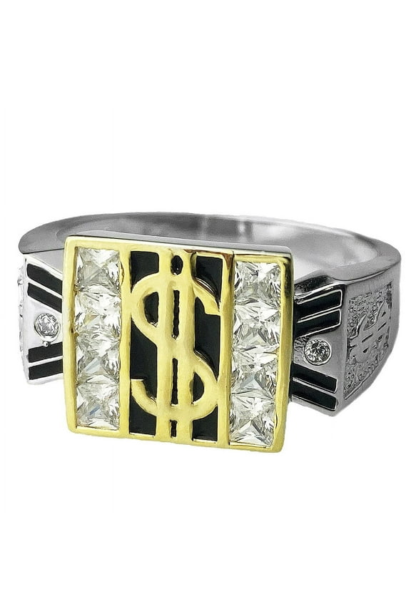 Mens 925 Sterling Silver $ Dollar Sign Black & Gold Finish Iced Bling Pinky Hip Hop Ring Size 9