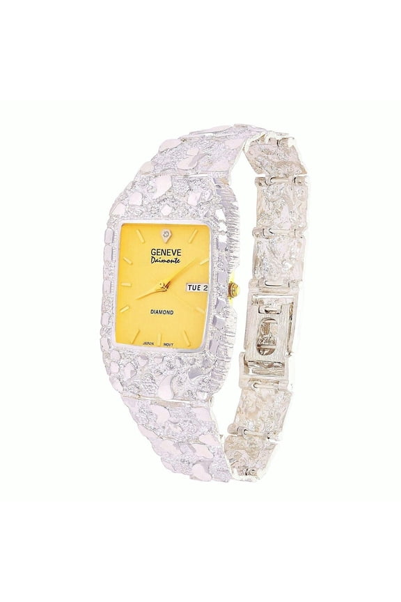 Mens 925 Sterling Silver Nugget Wrist Watch Geneve Real Natural Diamond Watch 7-7.5 44 grams Womens Unisex